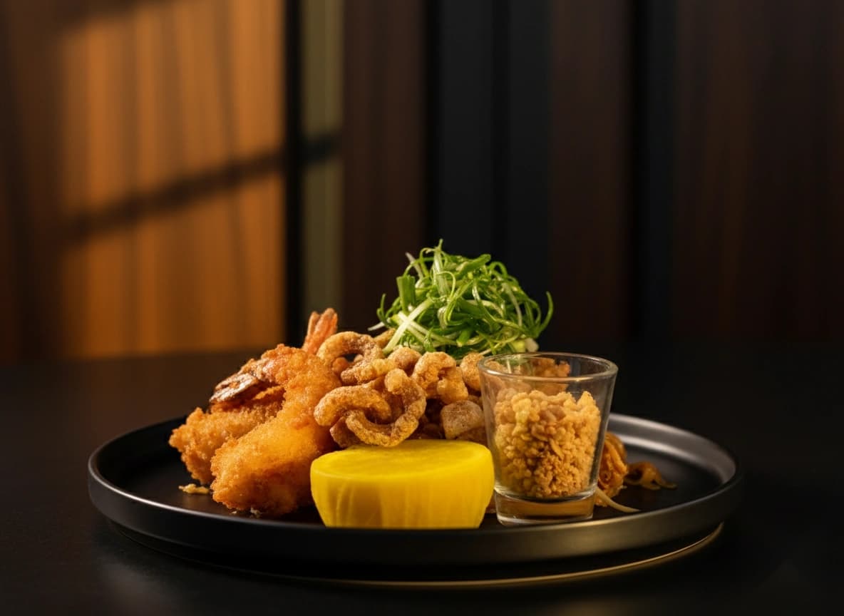 Fried seafood platter with shrimp and squid at Kinnara Thai Las Vegas